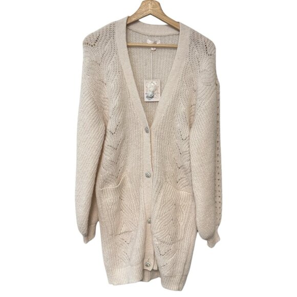 NEW Lauren Conrad Long Cardigan Layering Sweater Bare Linen Ivory V-Neck Small - Picture 4 of 11